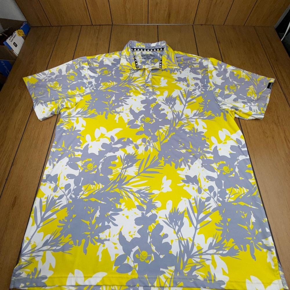 Tattoo Golf Aloha II Series Mens 2XL Yellow Floral Skull Performance Polo Shirt